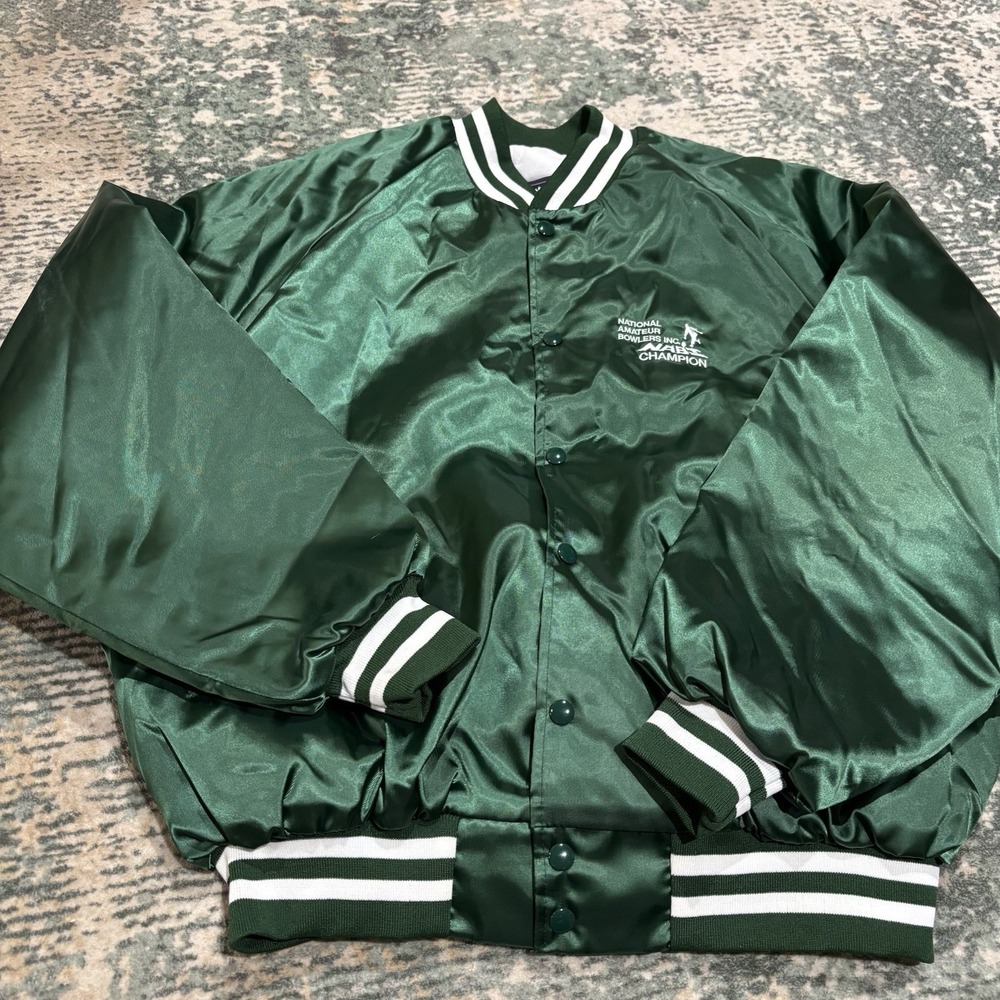 Vintage King Louie Satin Jacket XL Green With White Trim Bowling Champion Bobby